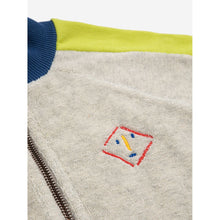 Load image into Gallery viewer, Bobo Choses - grey terry zip up sweatshirt with yellow panels down the arm and navy blue collar and cuffs