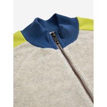 Load image into Gallery viewer, Bobo Choses - grey terry zip up sweatshirt with yellow panels down the arm and navy blue collar and cuffs