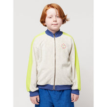 Load image into Gallery viewer, Bobo Choses - grey terry zip up sweatshirt with yellow panels down the arm and navy blue collar and cuffs