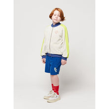 Load image into Gallery viewer, Bobo Choses - grey terry zip up sweatshirt with yellow panels down the arm and navy blue collar and cuffs