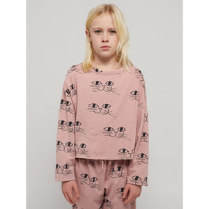 Bobo Choses - Pink cropped sweatshirt with all over smiling cat face print