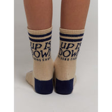 Load image into Gallery viewer, Bobo Choses - Cream socks with deep blue &#39;Up is Down&#39; print
