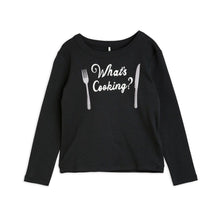 Load image into Gallery viewer, Mini Rodini - black long sleeve t-shirt with &#39;What&#39;s Cooking?&#39; print in white
