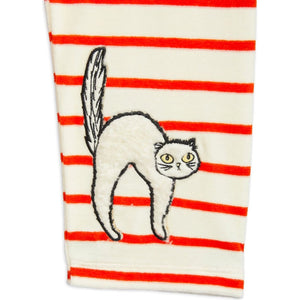 Mini Rodini -  White and red stripe velour trousers with angry cat furry appliqué