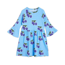 Load image into Gallery viewer, Mini Rodini - blue trumpet sleeve dress with all over purple plum print
