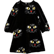 Load image into Gallery viewer, Mini Rodini black velour dress with all over cat face print
