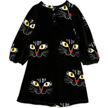 Load image into Gallery viewer, Mini Rodini black velour dress with all over cat face print
