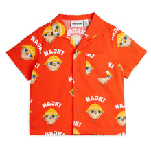 Load image into Gallery viewer, Mini Rodini - red woven shirt with all over bird print and 'Hajk!' motif in white