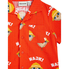 Load image into Gallery viewer, Mini Rodini - red woven shirt with all over bird print and 'Hajk!' motif in white