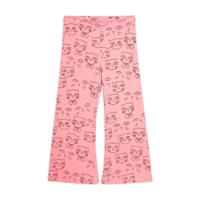 Mini Rodini pink flared trousers with all over cat print 