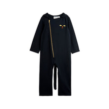 Load image into Gallery viewer, Mini Rodini black hooded onesie with embroidered cat face motif on the chest from the new AW24 collection 'Agatha'