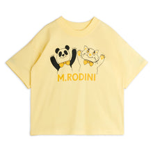 Load image into Gallery viewer, Mini Rodini Yellow t-shirt with cartoon panda and cat print and 'M.Rodini' logo in yellow