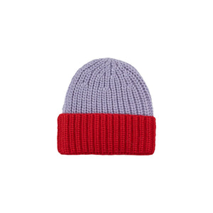 Tinycottons lilac and red colour block knitted beanie hat
