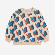 Load image into Gallery viewer, Bobo Choses baby sweater with blue dog pattern on a beige background