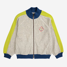 Load image into Gallery viewer, Bobo Choses - grey terry zip up sweatshirt with yellow panels down the arm and navy blue collar and cuffs
