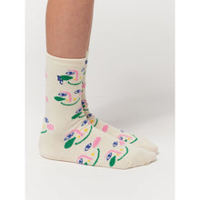 Load image into Gallery viewer, Bobo Choses - off white socks with all over smiling face print in pink and green
