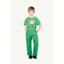 Load image into Gallery viewer, The Animals Observatory - green t-shirt with happy flower print in white and yellow
