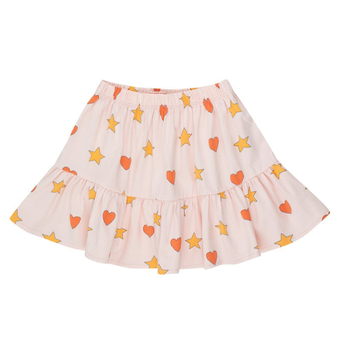 Tinycottons - pale pink skirt with all over red heart and yellow star print