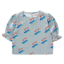 Load image into Gallery viewer, Tinycottons - jade green shiny blouse with 'Tiny' print in red, green and blue