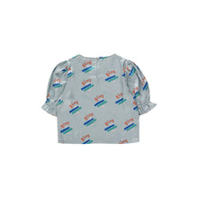 Load image into Gallery viewer, Tinycottons - jade green shiny blouse with 'Tiny' print in red, green and blue