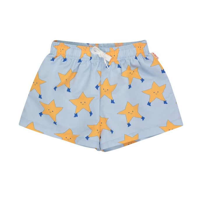 Tinycottons - pale blue swim shorts with all over yellow star print