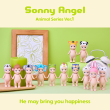 Load image into Gallery viewer, Sonny Angel - Animal Series 1 | Sonny Angels are sweet little angels who each wear different headgear. Animal Series 1 of the collectible Sonny Angel figurines. Standing at 10cm high, these cute angel dolls can be placed anywhere in the home and will bring joy to both children and adults alike. This collection contains 12 different animals including Monkey, Cockerel, Elephant, Koala Bear, Panda, Tiger, Dalmatian, Frog, Sloth, Owl, Polar Bear and Rabbit. Plus one mystery figure. Which one will you get? All S