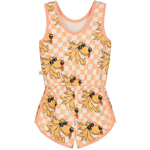 Mainio - Peach check playsuit with all over Dennis Dog Print