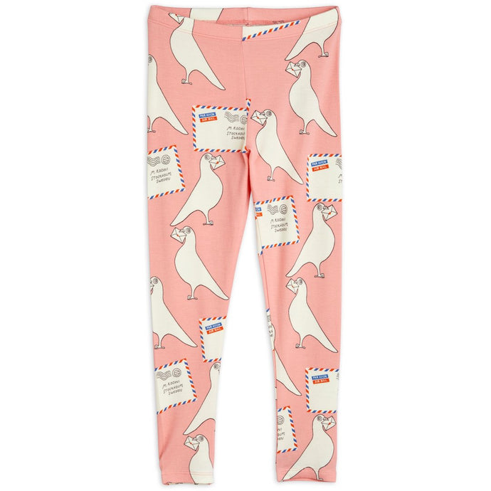 Mini Rodini - Pink leggings with all over pigeon and airmail print in white