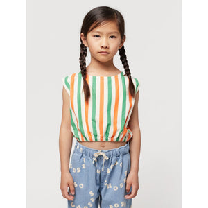 Bobo Choses - orange and green vertical stripe woven blouse - sleeveless with elasticated waist