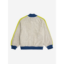 Load image into Gallery viewer, Bobo Choses - grey terry zip up sweatshirt with yellow panels down the arm and navy blue collar and cuffs
