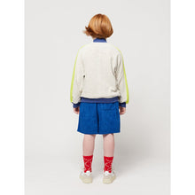 Load image into Gallery viewer, Bobo Choses - grey terry zip up sweatshirt with yellow panels down the arm and navy blue collar and cuffs
