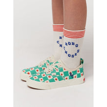 Load image into Gallery viewer, Bobo Choses - green check canvas trainers with tomato print and elasticated laces
