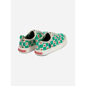 Bobo Choses - green check canvas trainers with tomato print and elasticated laces