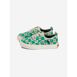 Bobo Choses - green check canvas trainers with tomato print and elasticated laces