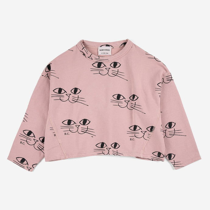Bobo Choses - Pink cropped sweatshirt with all over smiling cat face print