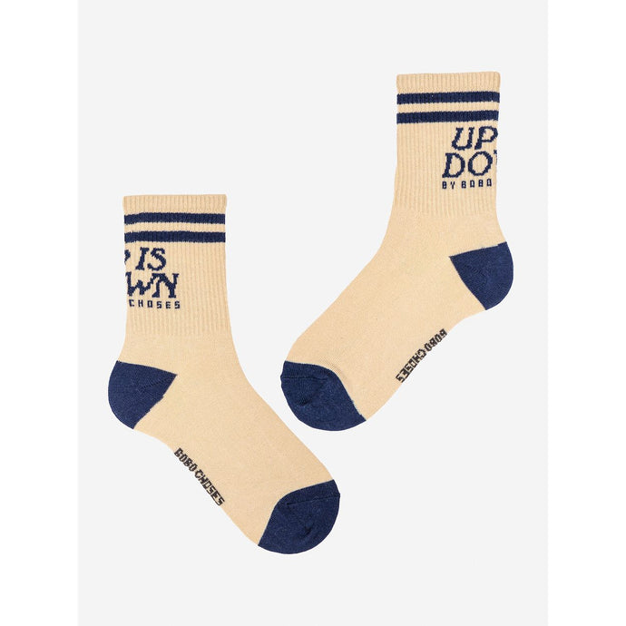 Bobo Choses - Cream socks with deep blue 'Up is Down' print