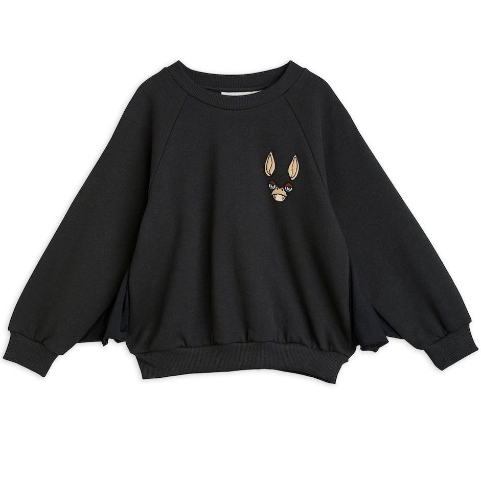 Mini Rodini - Black bat wing sweatshirt with small embroidered bat motif on chest and sewn on bat wings