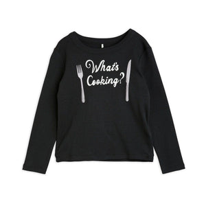 Mini Rodini - black long sleeve t-shirt with 'What's Cooking?' print in white
