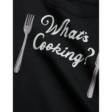 Load image into Gallery viewer, Mini Rodini -  black long sleeve t-shirt with &#39;What&#39;s Cooking?&#39; print in white
