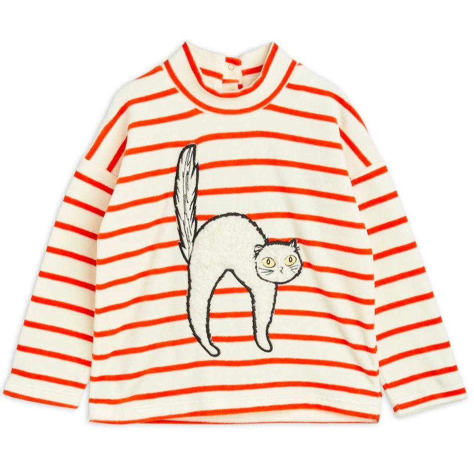 Mini Rodini - White and red stripe velour sweatshirt with large angry cat furry appliqué on chest and high neck