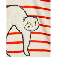 Load image into Gallery viewer, Mini Rodini - White and red stripe velour sweatshirt with large angry cat furry appliqué on chest and high neck
