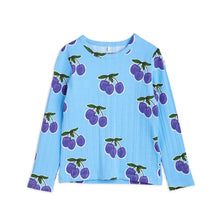 Load image into Gallery viewer, Mini Rodini - blue long sleeve ribbed t-shirt with all over purple plum print
