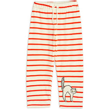 Load image into Gallery viewer, Mini Rodini -  White and red stripe velour trousers with angry cat furry appliqué
