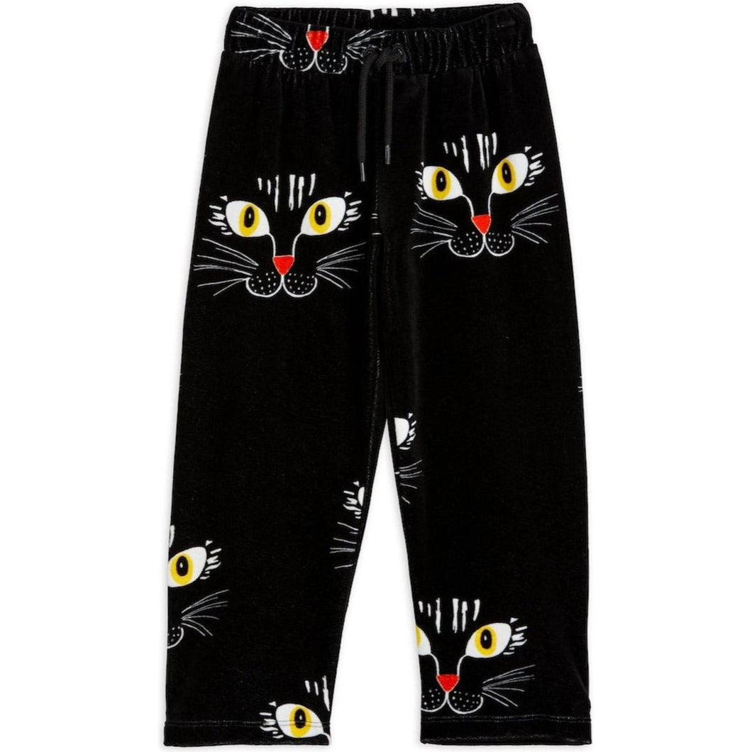 Mini Rodini - Black velour trousers with all over cat face print