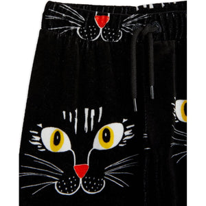 Mini Rodini - Black velour trousers with all over cat face print