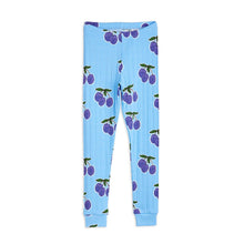 Load image into Gallery viewer, Mini Rodini - blue leggings with all over purple plum print

