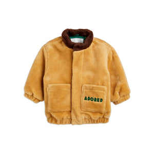 Mini Rodini - Light brown faux fur coat with dark brown hood with ears and adored embroidery on pocket