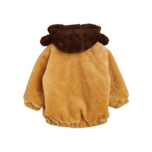 Load image into Gallery viewer, Mini Rodini - Light brown faux fur coat with dark brown hood with ears and adored embroidery on pocket

