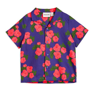 Mini Rodini - Blue woven shirt with all over pink rose print