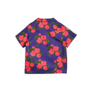 Mini Rodini - Blue woven shirt with all over pink rose print